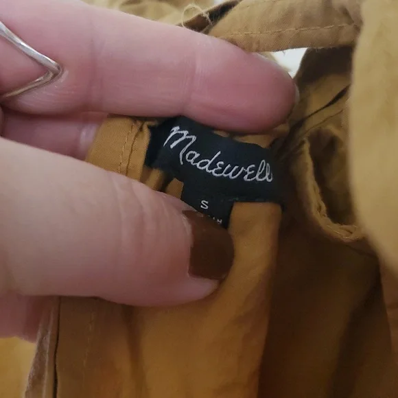 Madewell Poplin Puff Sleeve Mini Dress Size Small Tie Neck Pockets Neutral Toffe - Picture 9 of 13